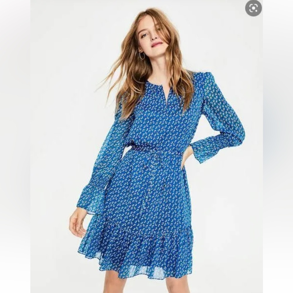 Boden Libby Blue Floral Long Sleeve Chiffon Dress Sz 8